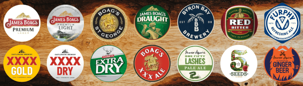 Lions product logos on wooden background - includes James Boags, XXXX products, Tooheys Extra Dry, 5 Seeds Cider and James Squire products