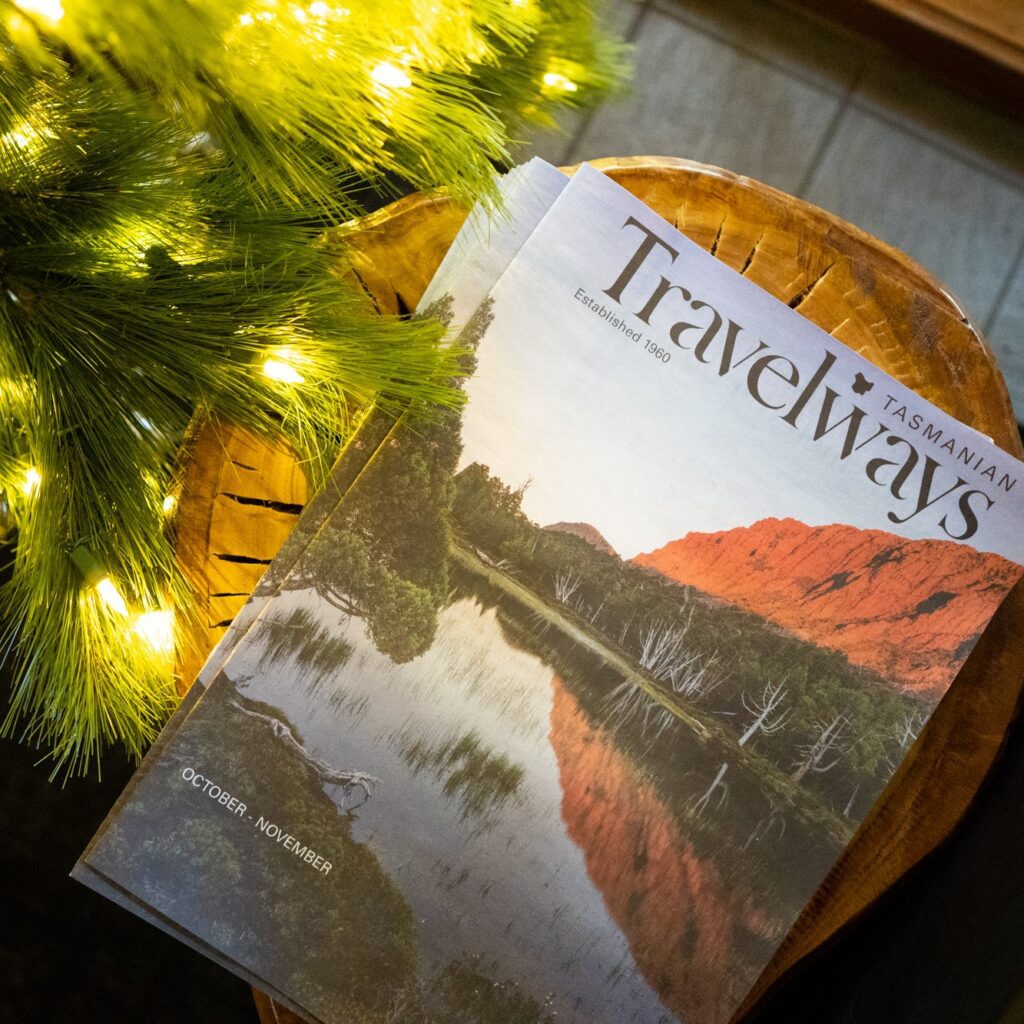 Travelways magazine sitting on wooden log side table next to Christmas tree with fairy lights on