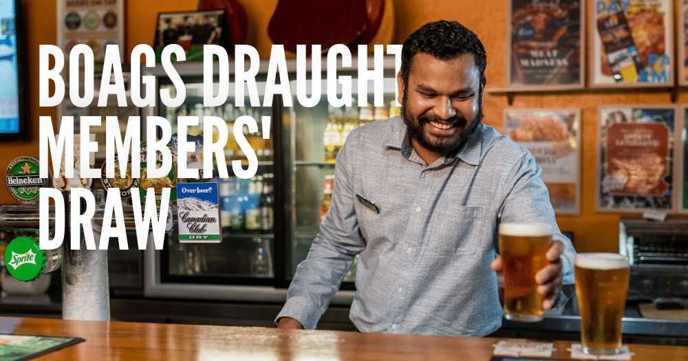 Duty Manager Kasun serving beers in Millers Sports Bar with text overlay 'Boags Draught Members' Draw'