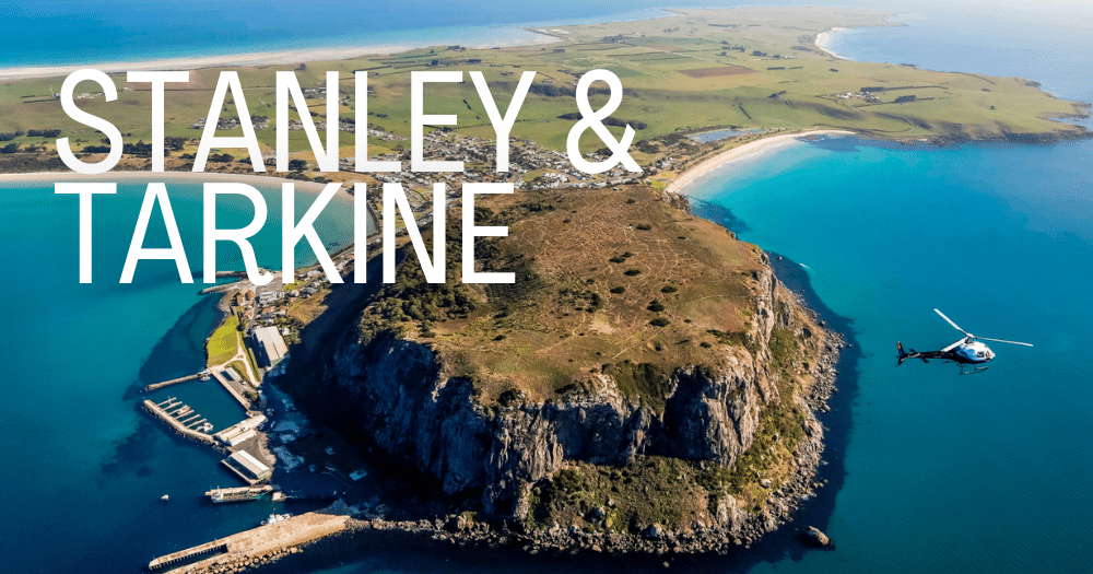 Aerial view of the Stanley Nut with overlay text 'Stanley & Tarkine'